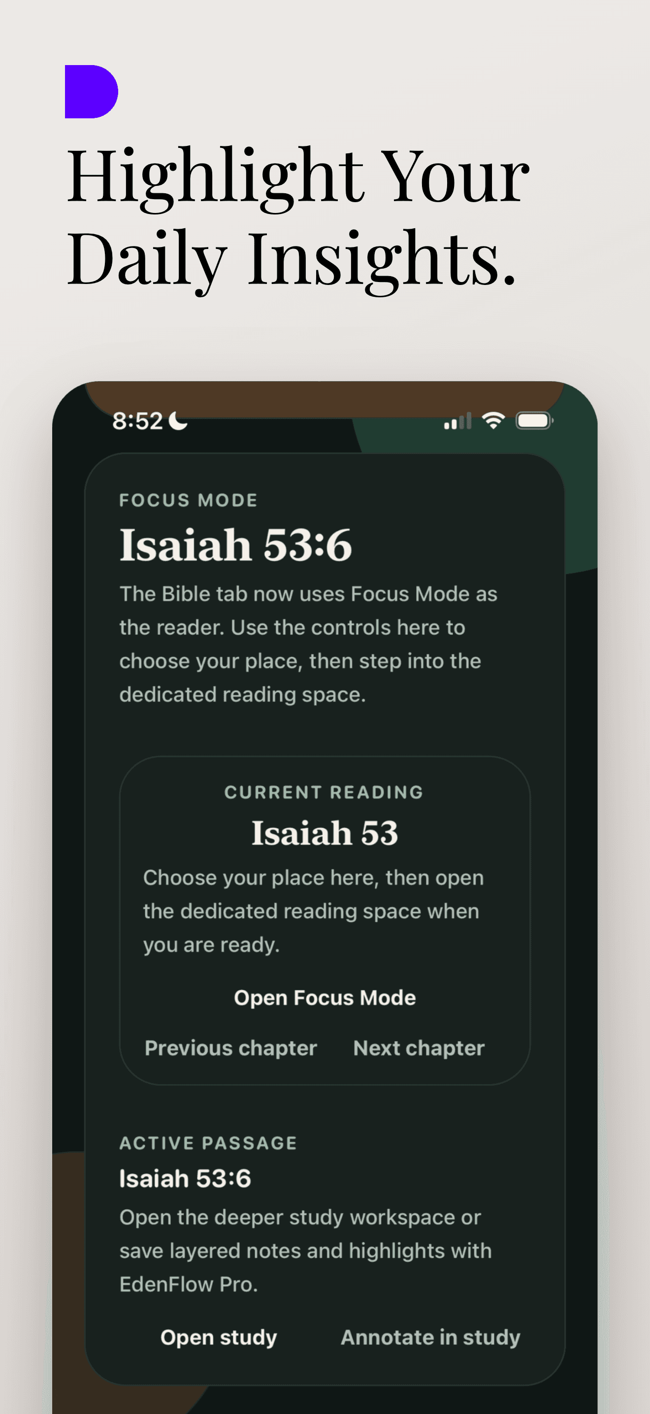 Focus Mode screen in the EdenFlow iPhone app.
