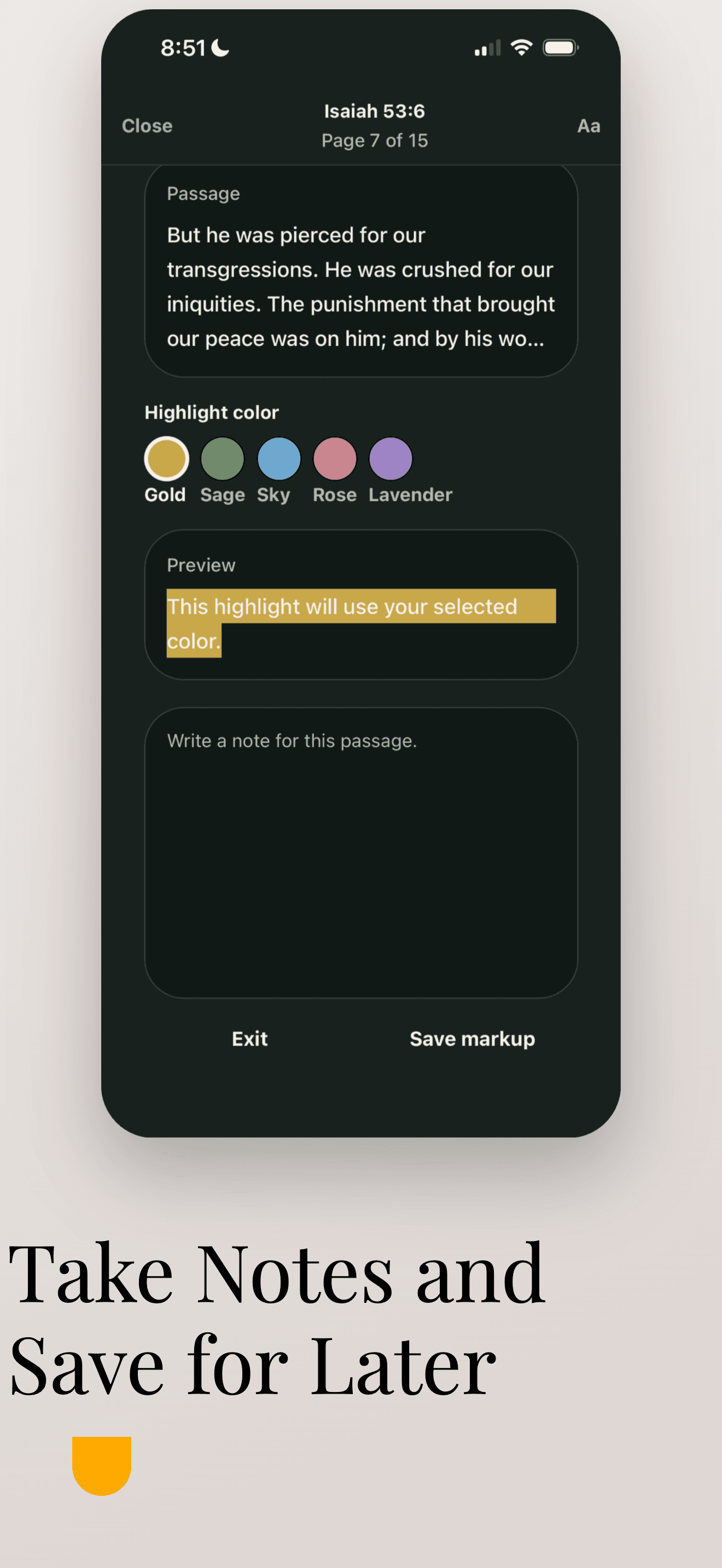 Markup and note-taking tools in the EdenFlow iPhone app.
